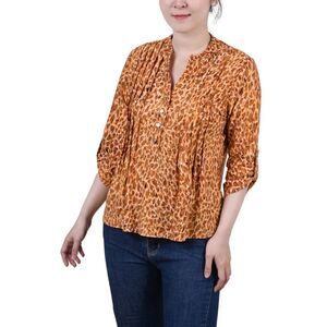 NY Collection Petite 3/4 Roll Tab Sleeve Y Neck Top